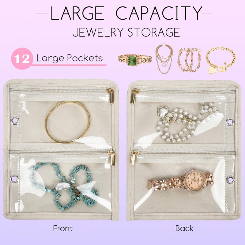 LingLingo Travel Jewelry Organizer Case,Small Jewelry Bags for Traveling, Jewelry Binder with 24 Pcs Clear Zipper Velvet Pouches (Inner Pages,Beige,3 PCS) - Image 3